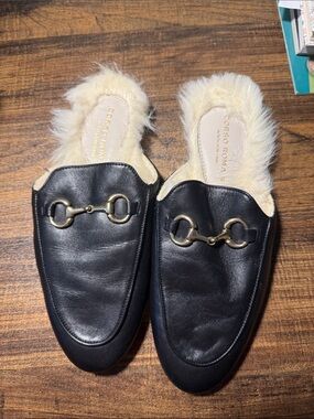 Corso Roma 9 Black Leather Fur-Lined Horsebit Mules